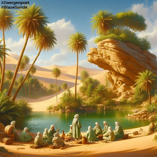Eine Oase in der Sandwüste. Einige Palmen und ein von den Winden verformter Felsen spenden Schatten, wo eine Gruppe von Wüstennomaden an einer Wasserstelle um ein Lagerfeuer herum sitzt.